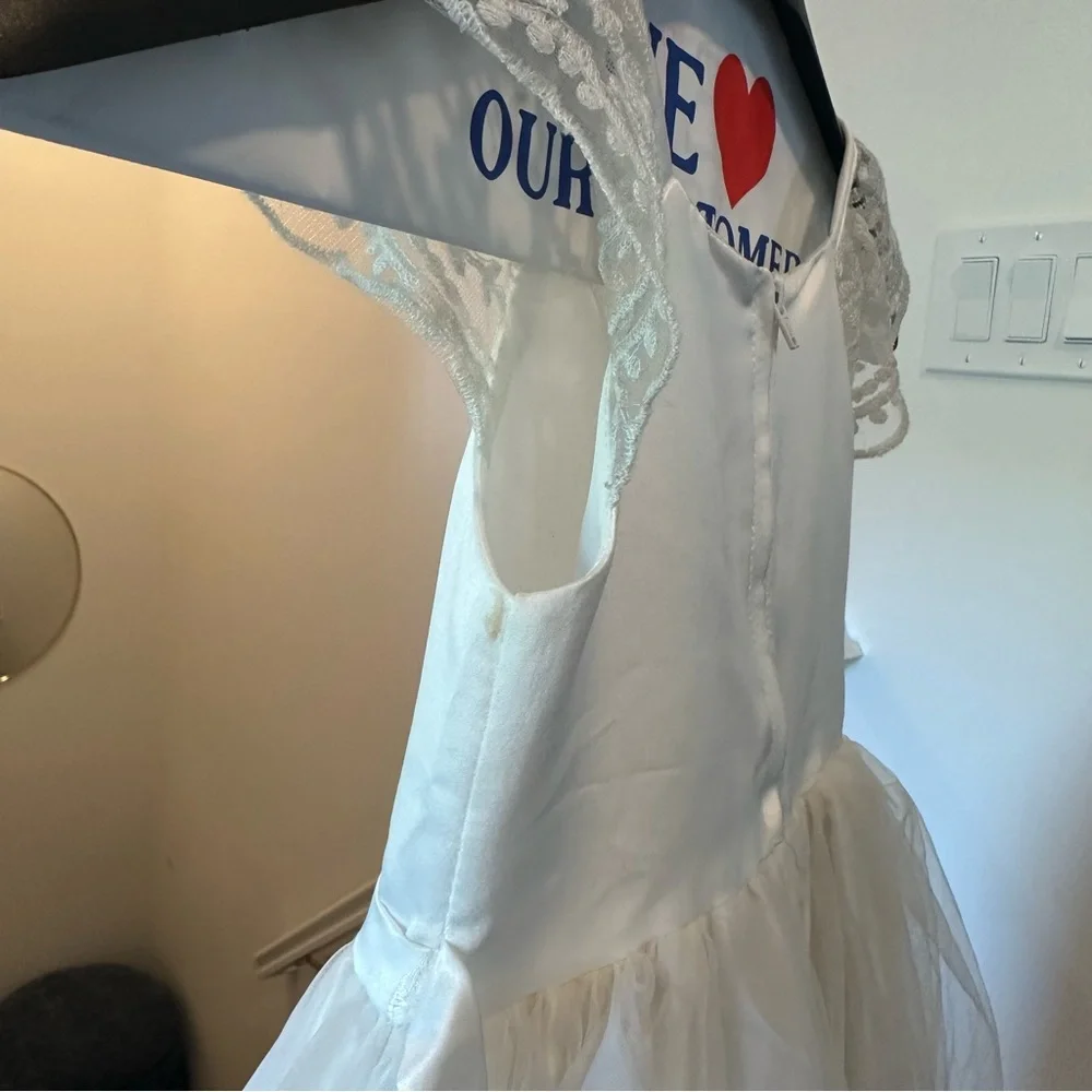 Biscotti Collezioni Flower Girl White Dress with Lace Shoulder Detail